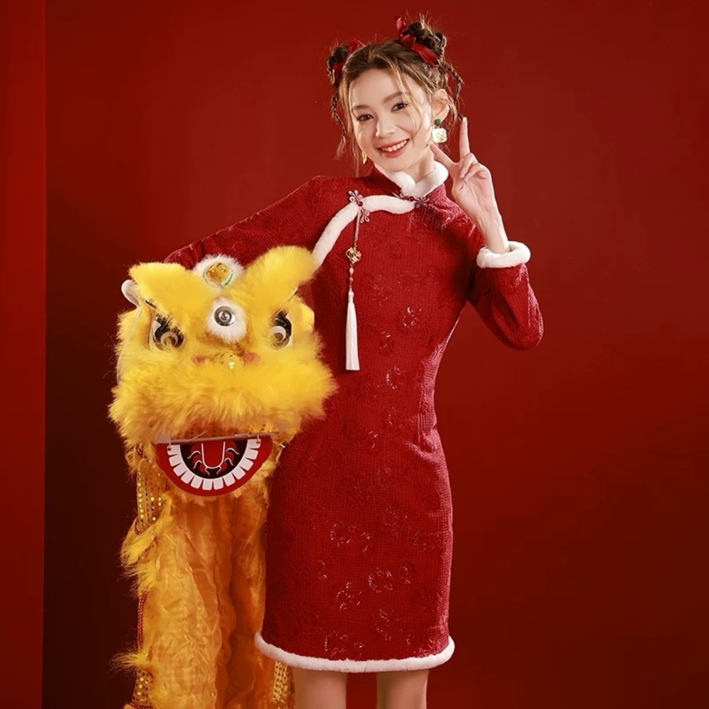 Nwt Vintage-Inspired Red Polyester Qipao Dress for Women | Chinese Dress